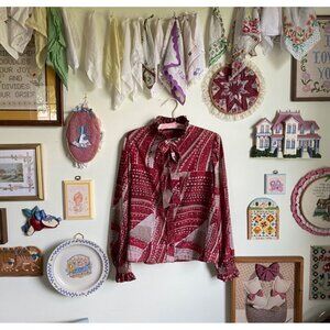 80's vintage abstract print ruffle high neck pussybow blouse